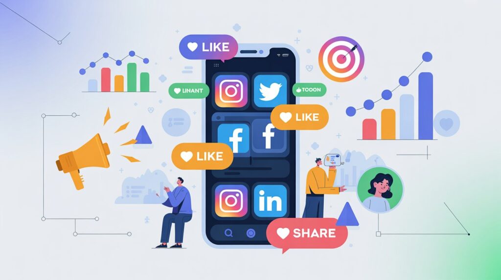 Illustration of social media marketing showing people engaging with Facebook, Instagram, Twitter, and LinkedIn icons, likes, shares, and growth charts.