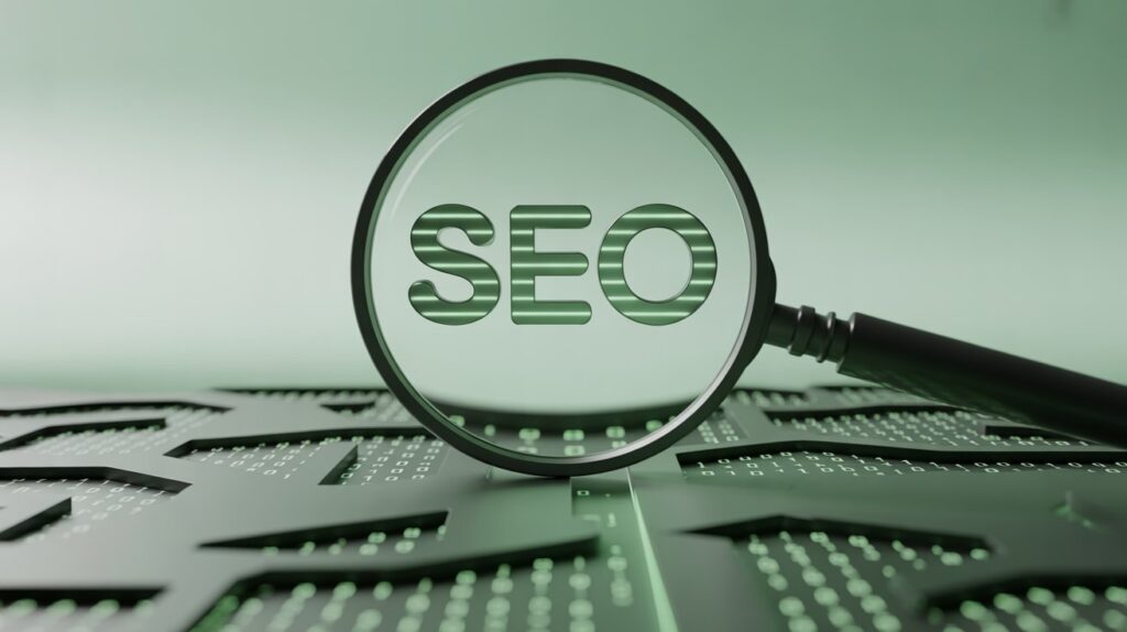 A magnifying glass focusing on the word SEO (Search engine optimization) over a digital background, symbolizing search engine optimization and online visibility.