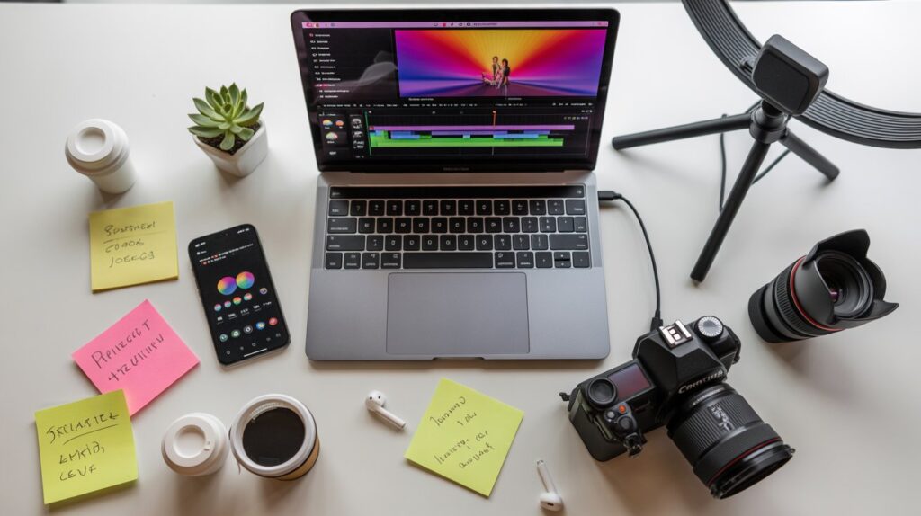 Workspace setup for content creation featuring a laptop with video editing software, DSLR camera, smartphone, ring light, coffee, sticky notes, and wireless earbuds.